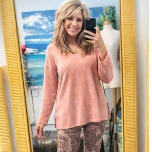 Joh,Soft Peach Blush Brushed Knit Long Sleeve V-Neck Cozy Lightweight Top Size M